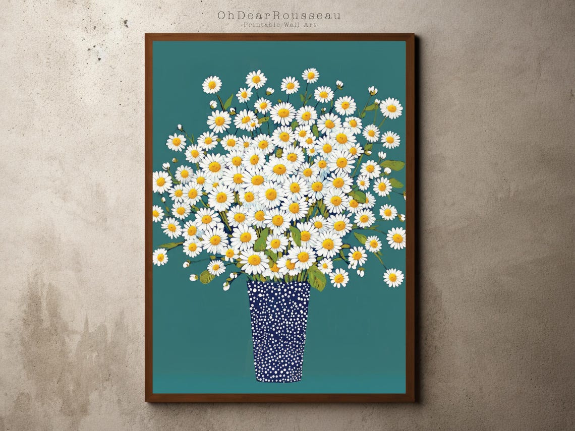 Fresh White Daisies Bouquet In Navy Polka Dot Vase On Teal Poster