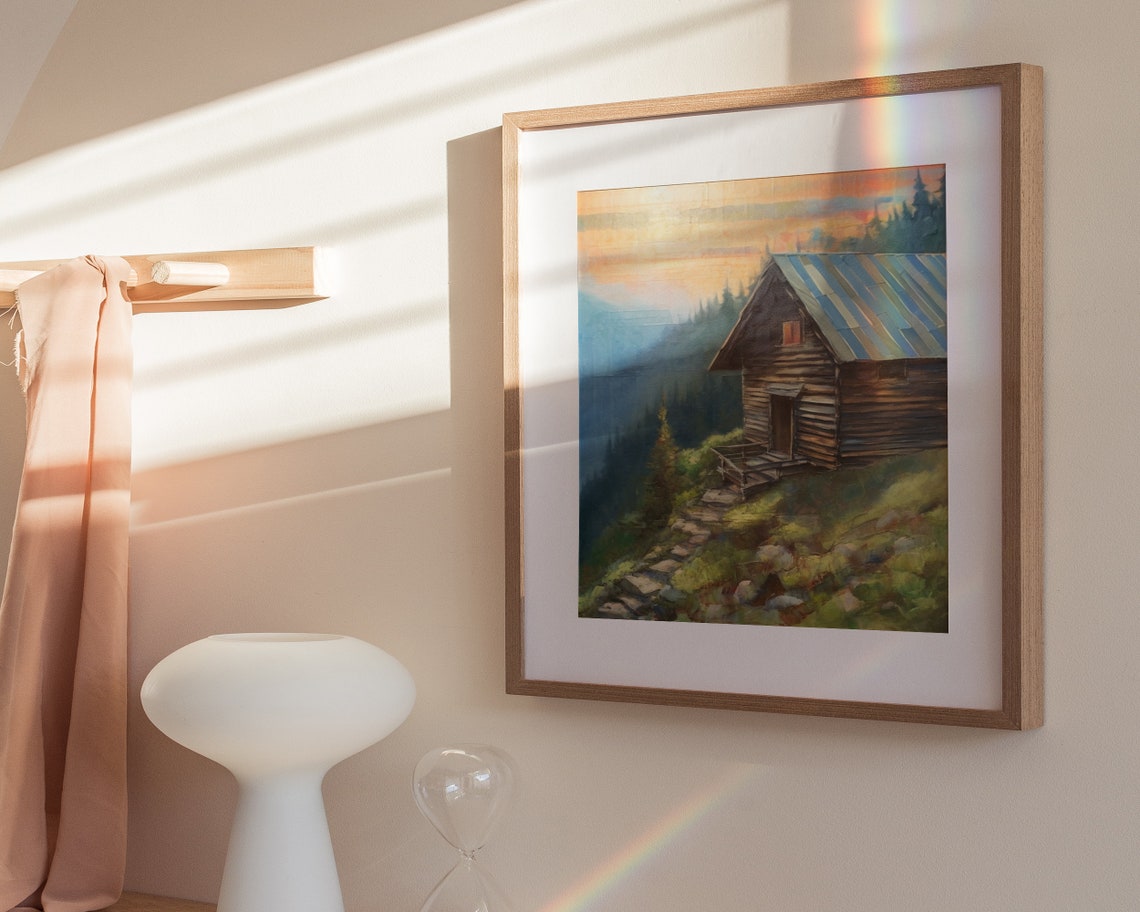 Log Cabin Mountain Sunset Pine Forest Stone Path Oil Painting Poster - Image 3
