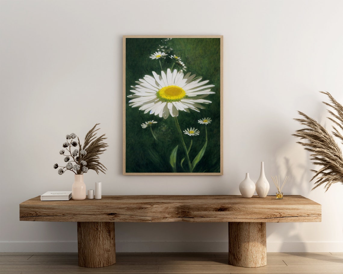 Giant White Daisy Bloom With Buds on Dark Green Background Art Poster - Image 3