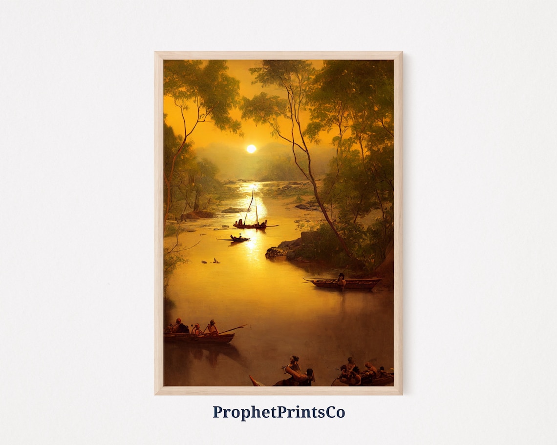 Golden Sunset River Boats Hudson Classic Landscape Painting Poster