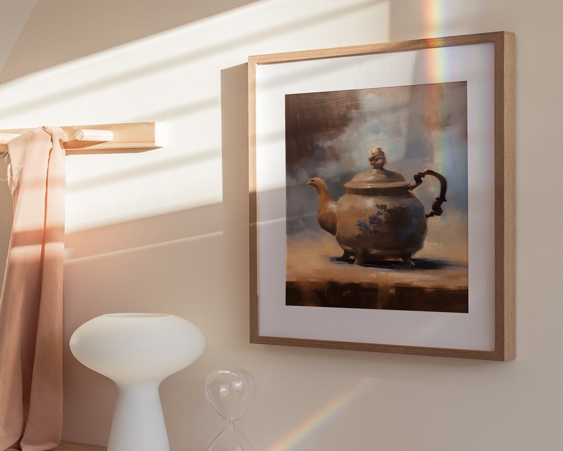Classic Vintage Teapot Still Life Soft Blue Grey Oil Painting Poster - Image 3