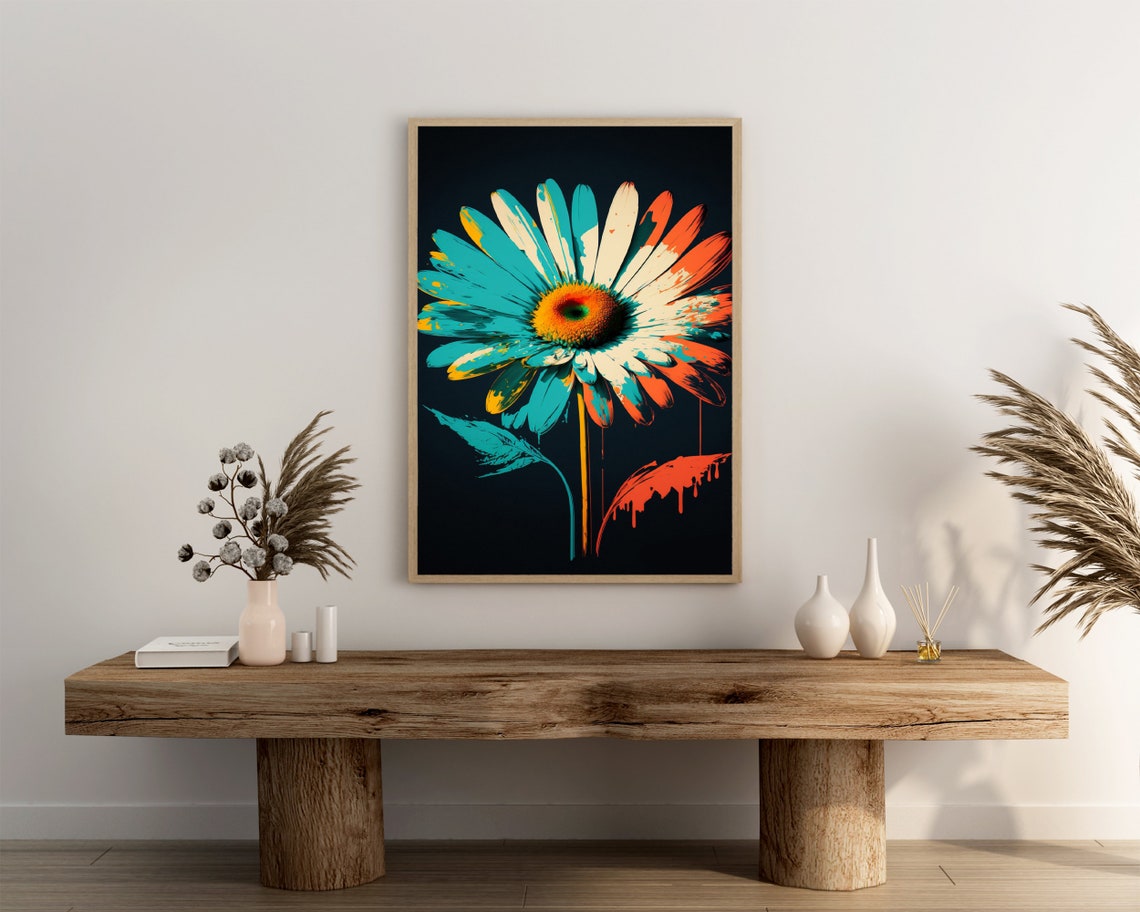 Splatter Paint Daisy Poster Bold Teal and Orange Flower Design - Image 3