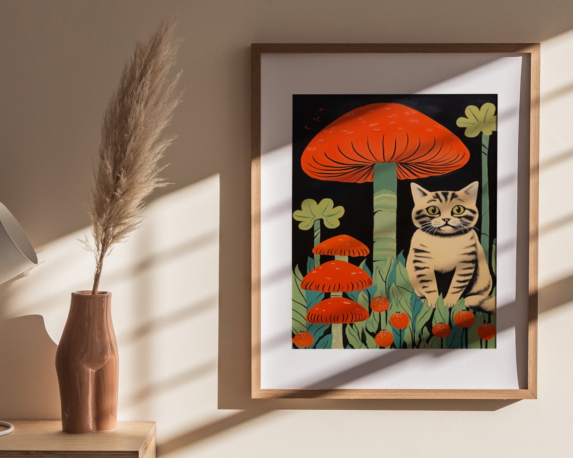 Vintage Tabby Cat With Red Mushrooms Cottagecore Dark Art Poster - Image 4