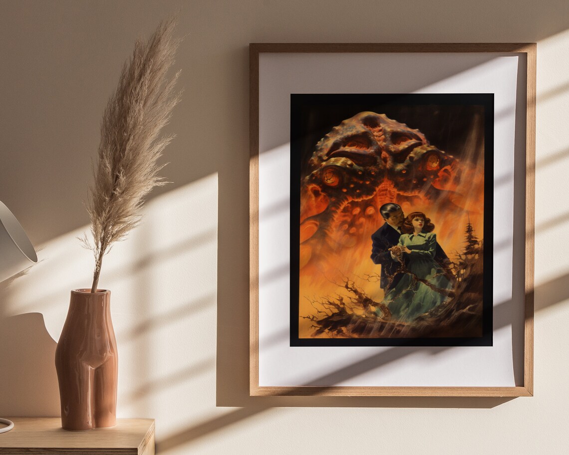 Retro Horror Movie Couple Fleeing Giant Fire Monster Art Poster - Image 4