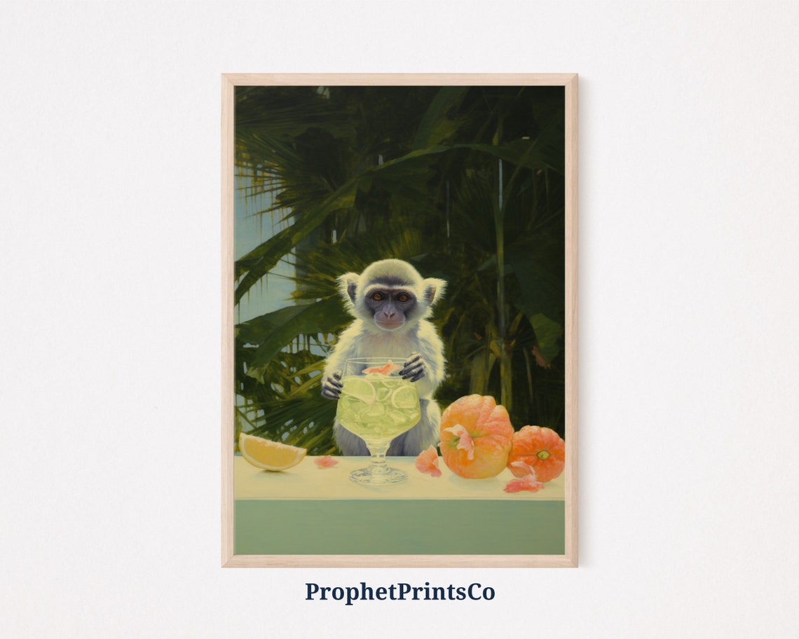 Monkey Cocktail Print Monkey Gentleman Print Retro Wall Art Cute Preppy Apartment Wall Art Wall Art