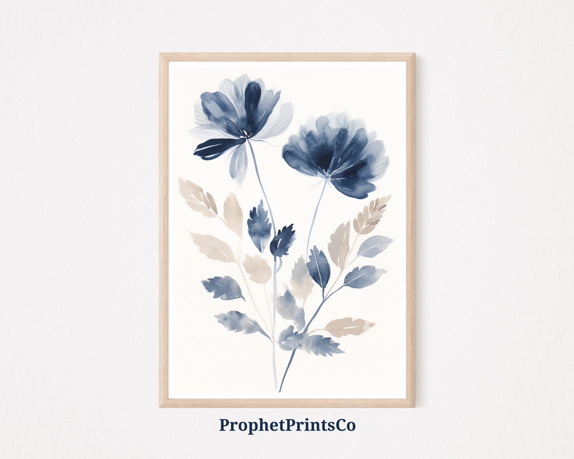 Blue Watercolor Wildflower Bouquet Minimalist Botanical Artwork Poster