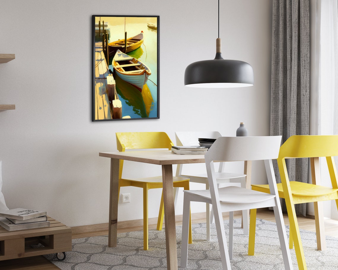 Sunny Rowboats At Wooden Dock Harbor Water Reflection Coastal Poster - Image 2
