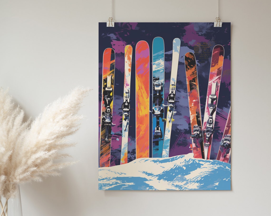 Vintage Skis Stuck In Snow Purple Night Sky Pop Art Winter Poster - Image 2