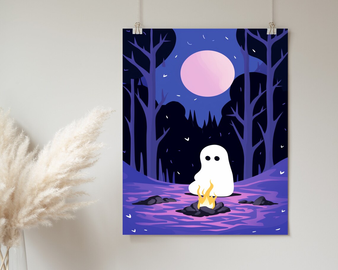 Cute Ghost By Campfire In Purple Forest Pink Moon Art Poster - Image 2