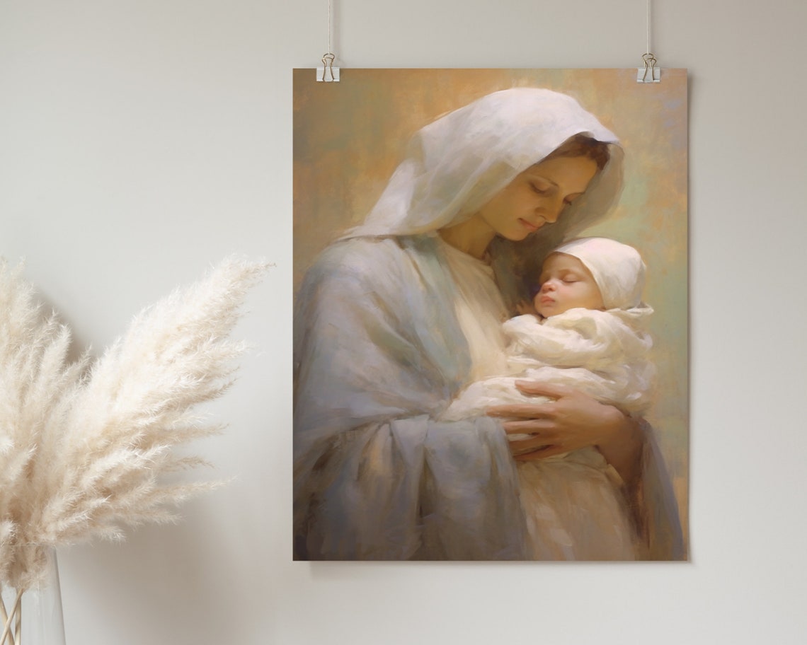 Tender Madonna and Child White Veil Religious Oil Painting Poster - Image 2
