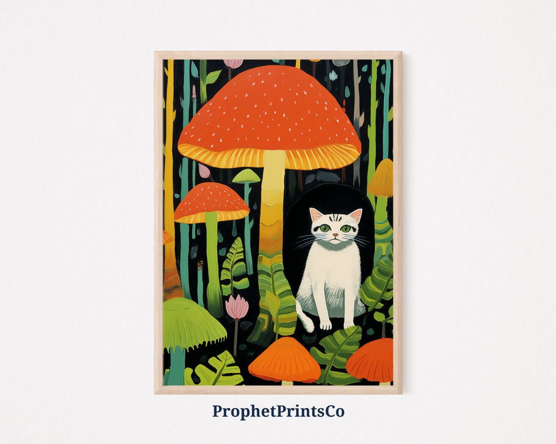 White Cat In Colorful Giant Mushroom Forest Whimsical Art Poster