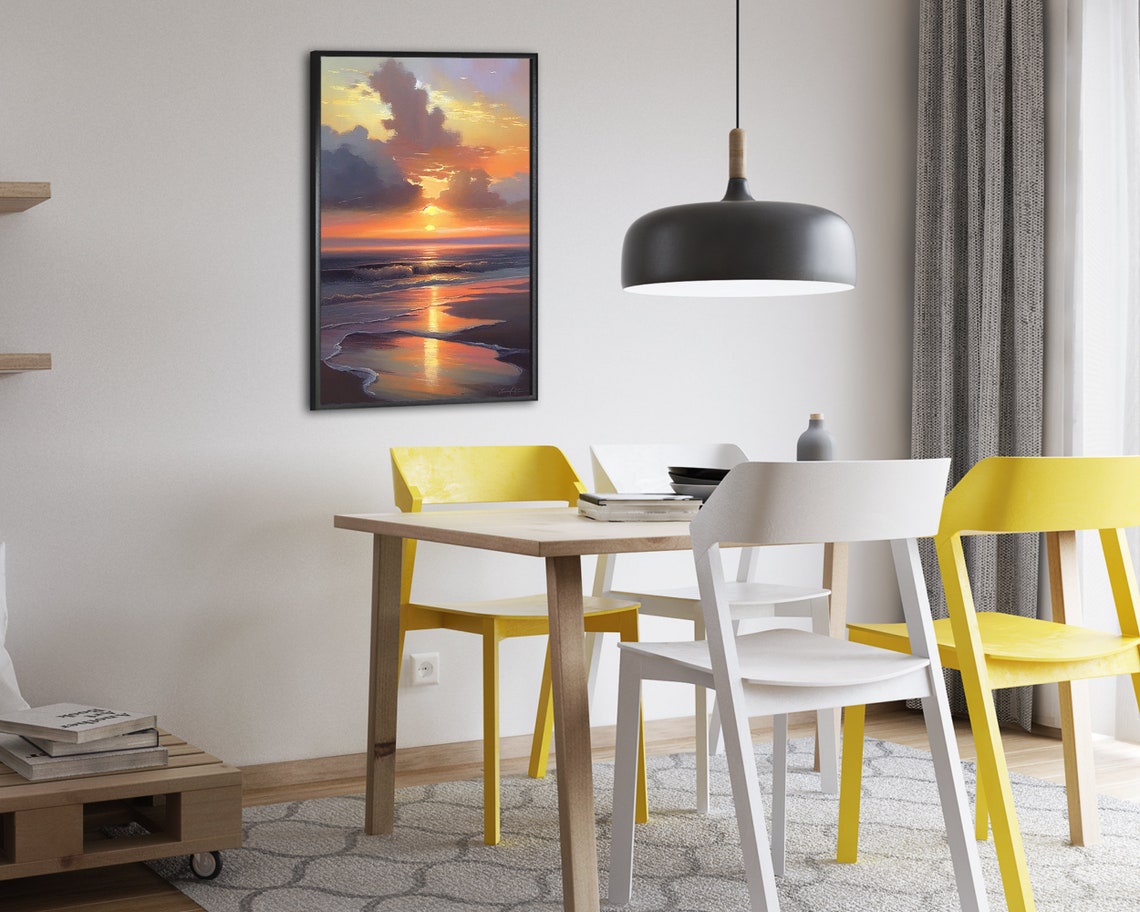 Dramatic Beach Sunset Oil Painting Ocean Waves Coastal Wall Poster - Image 2