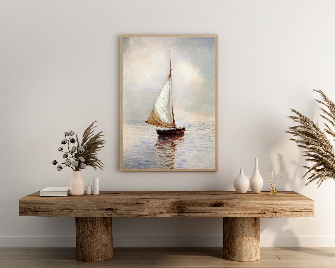 Lone Sailboat on a Misty Calm Sea Impressionist Painting Poster - Image 3