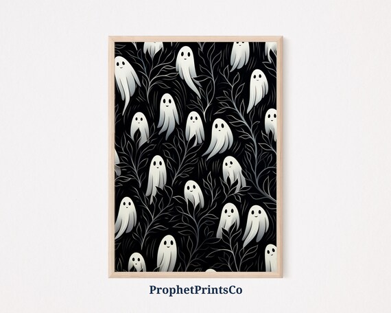 Cute Ghosts Pattern On Black Botanical Night Halloween Art Poster