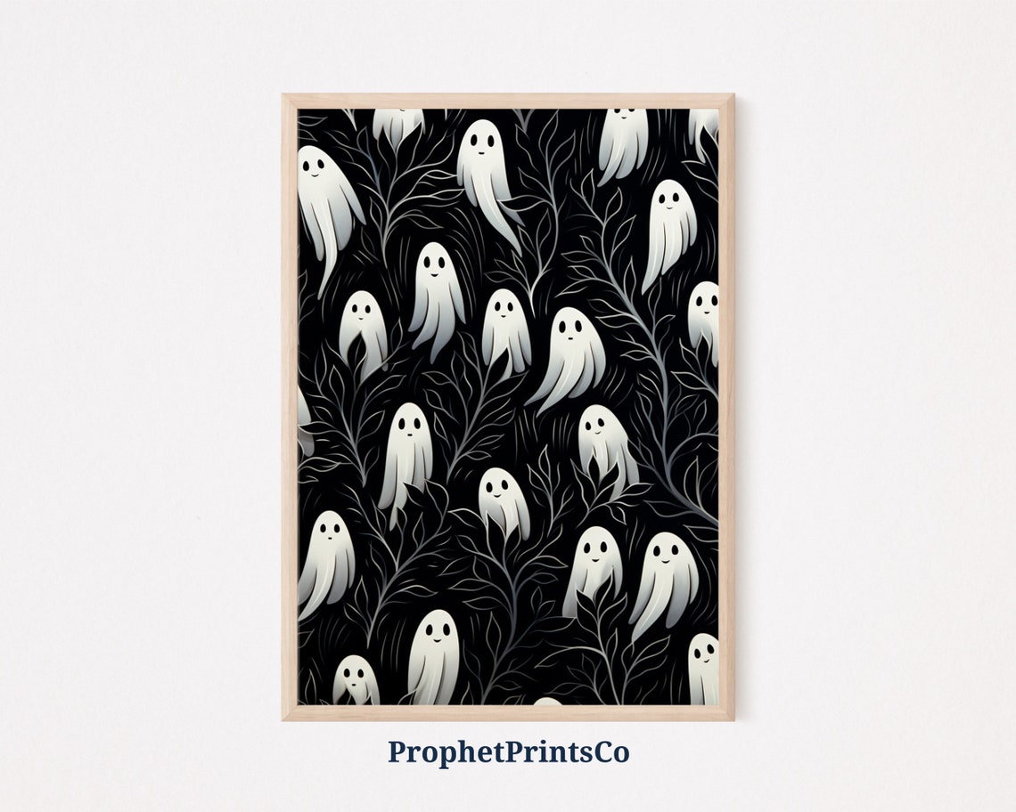 Cute Ghosts Pattern On Black Botanical Night Halloween Art Poster