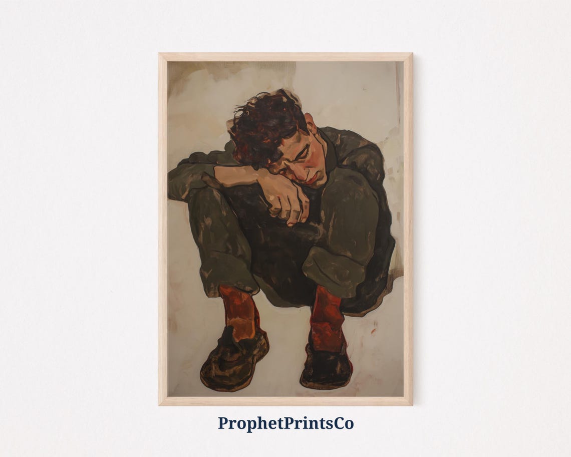 Contemplative Seated Figure Dark Clothes Bowed Head Red Socks Poster
