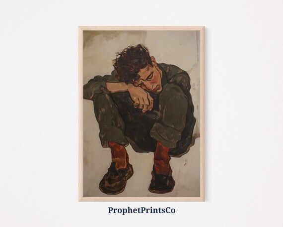 Contemplative Seated Figure Dark Clothes Bowed Head Red Socks Poster