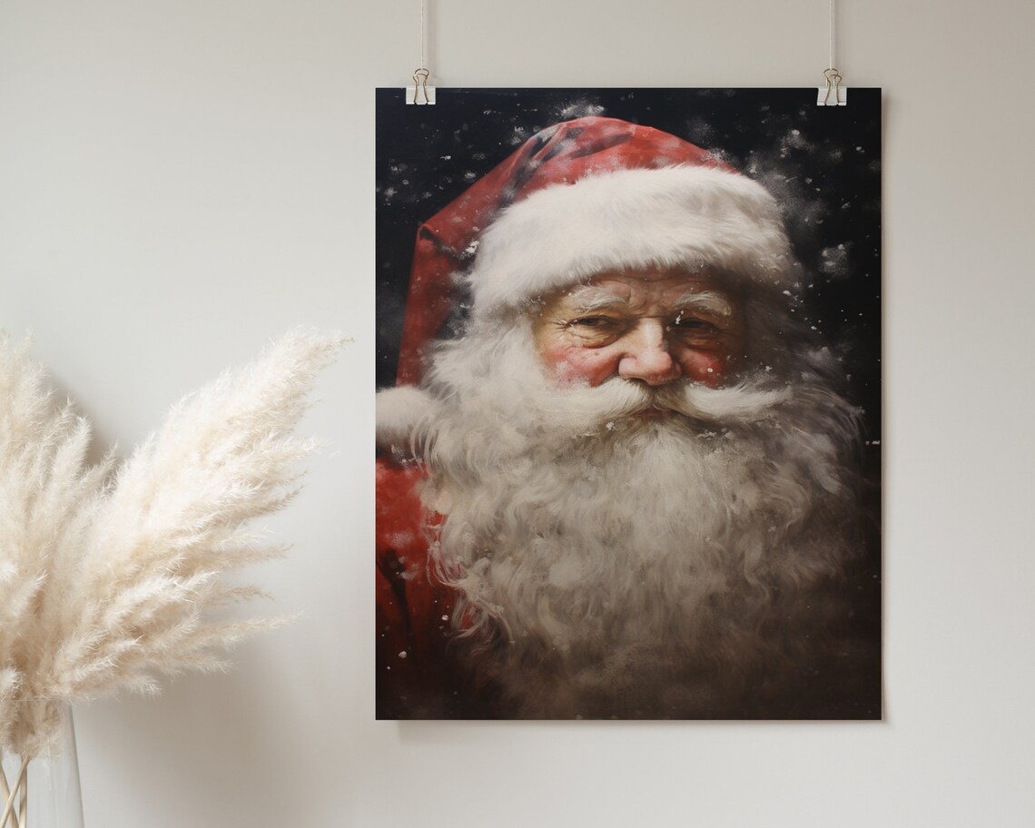 Santa Claus in Falling Snow Dark Moody Vintage Christmas Portrait Poster - Image 2