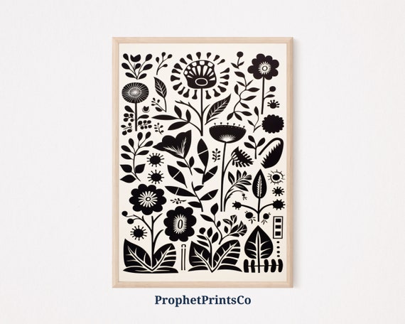 Black And White Floral Pattern Print Boho Wall Art Mid Century Print Cute Eclectic Home Dcor Wall Art