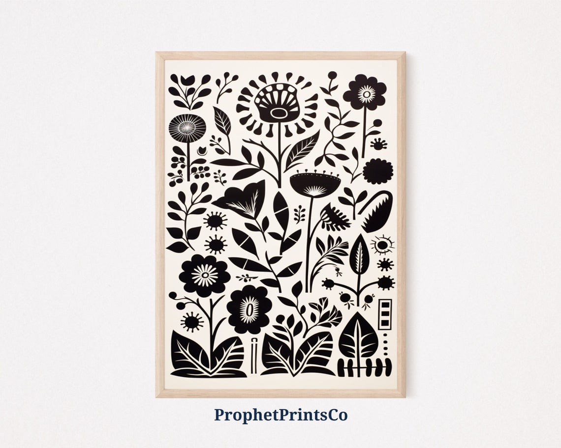 Black And White Floral Pattern Print Boho Wall Art Mid Century Print Cute Eclectic Home Dcor Wall Art