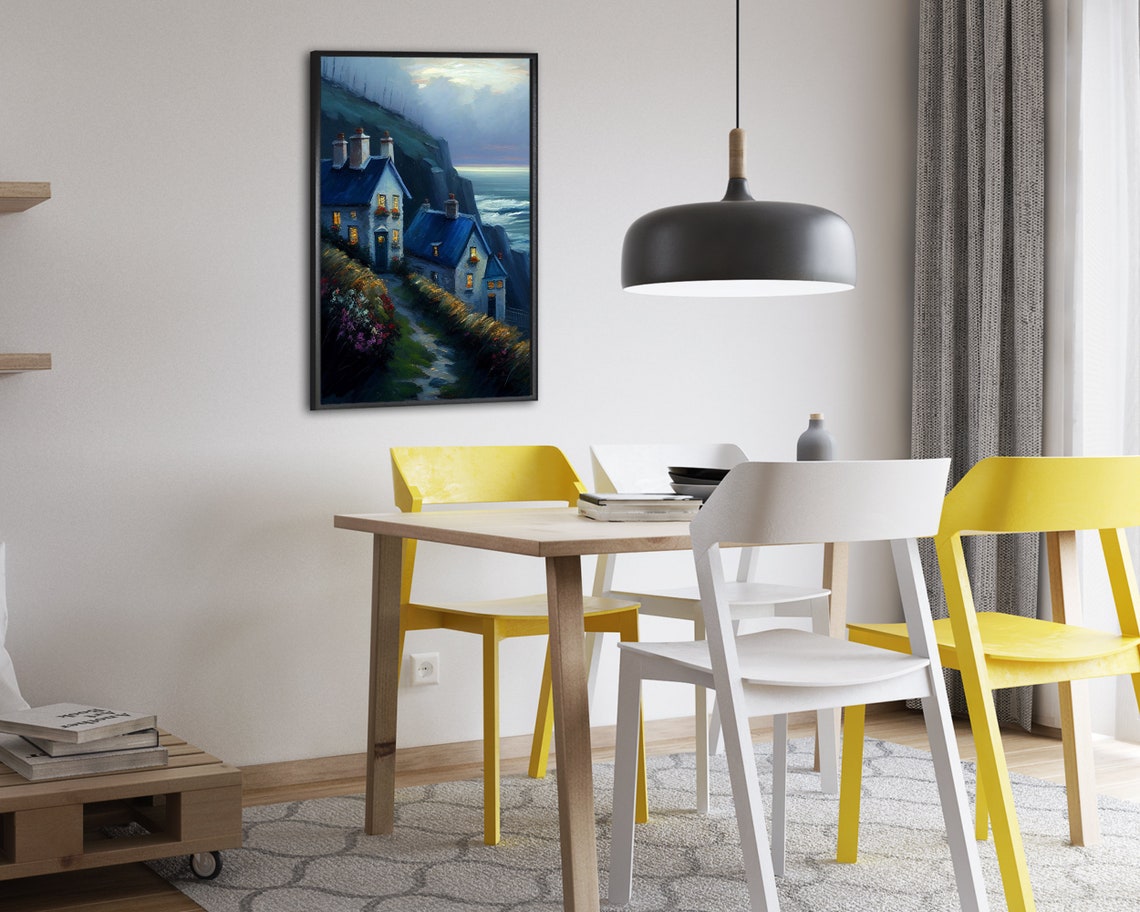 Cliffside Cottages with Glowing Windows at Dusk Oil Painting Poster - Image 2