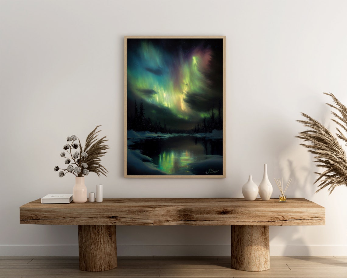 Aurora Borealis Dancing Over a Snowy Lake and Pine Forest Poster - Image 3