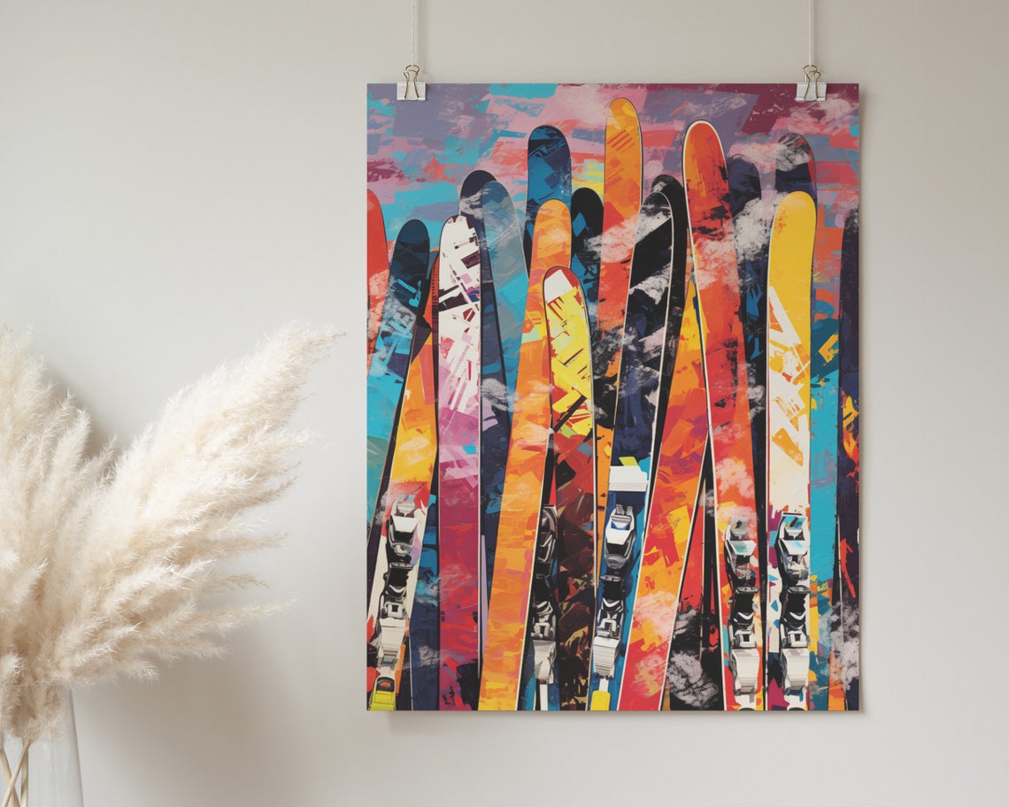 Abstract Skis Sunset Paint Splatter Warm Pop Art Winter Ski Poster - Image 2