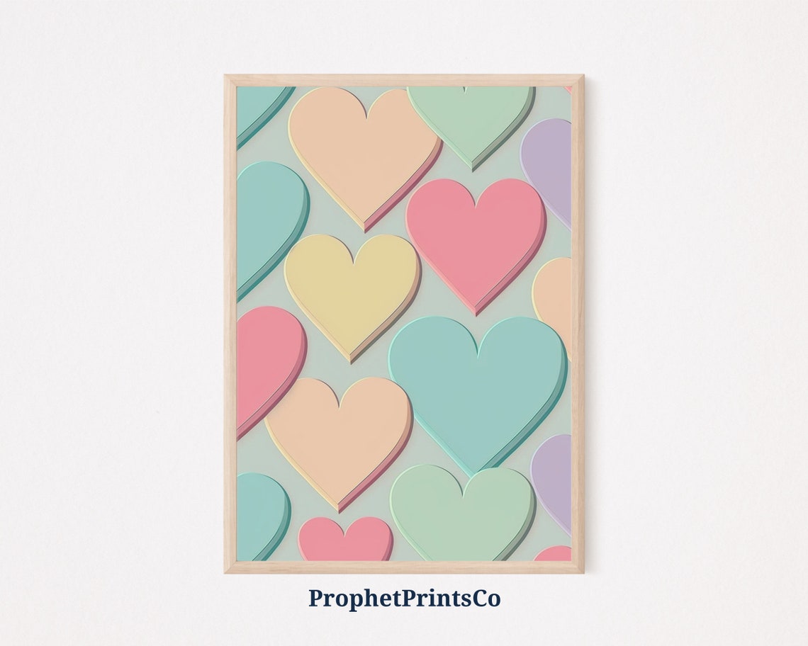 Retro 3D Layered Pastel Hearts Sage Green Romantic Gift Art Poster