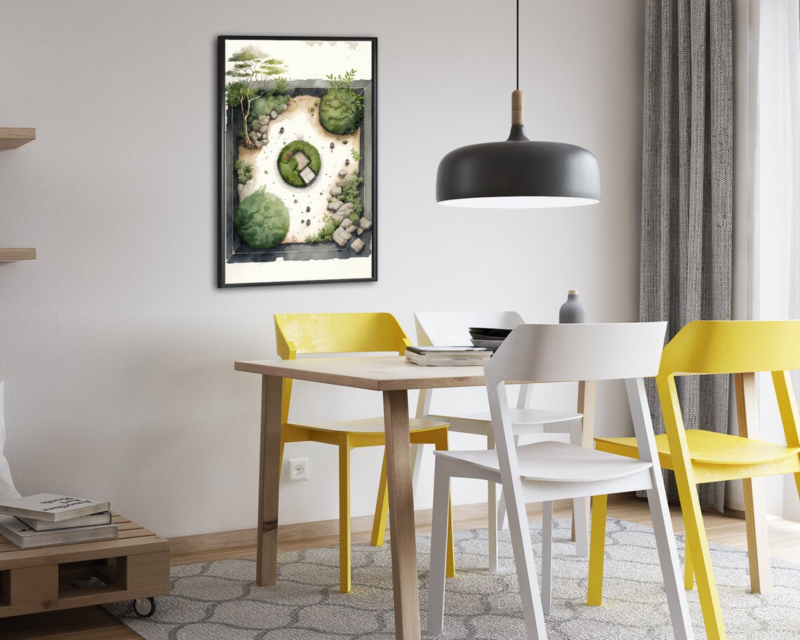 Zen Sand Garden Watercolor Aerial View Japanese Stone Lanterns Poster - Image 2