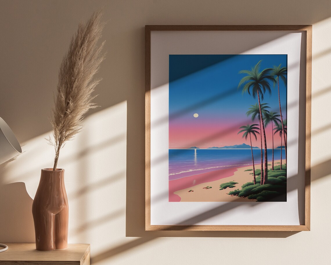 Tropical Sunset Beach Palm Trees Pink Sky Ocean Waves Travel Poster - Image 4
