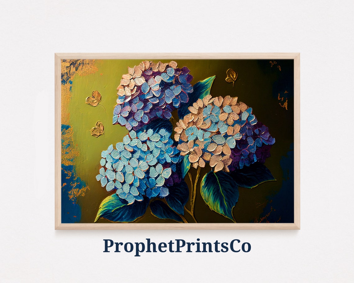 Rich Hydrangea Blooms on Dark Gold Moody Botanical Art Poster