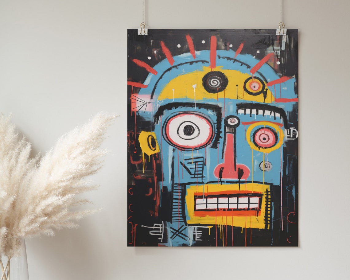 Basquiat Inspired Blue Face Abstract Graffiti Grinning Art Poster - Image 2