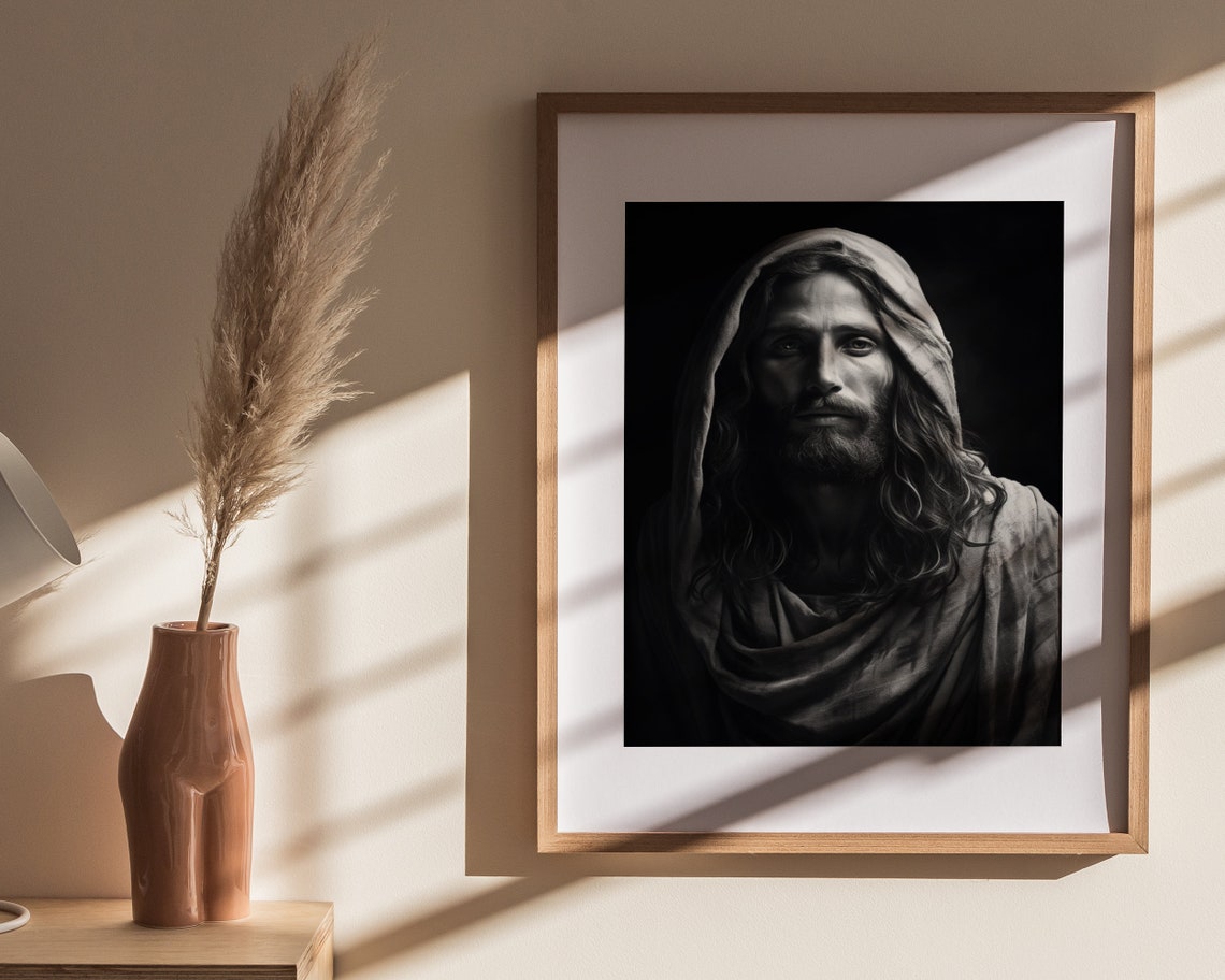 Hooded Jesus Christ Black and White Dramatic Portrait Art Poster - Image 4