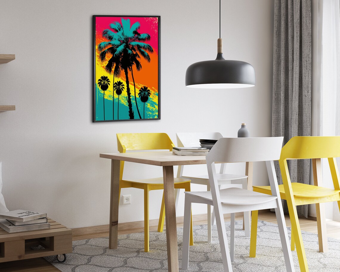 Teal Palm Tree Silhouettes Retro Sunset Orange Red Art Poster - Image 2