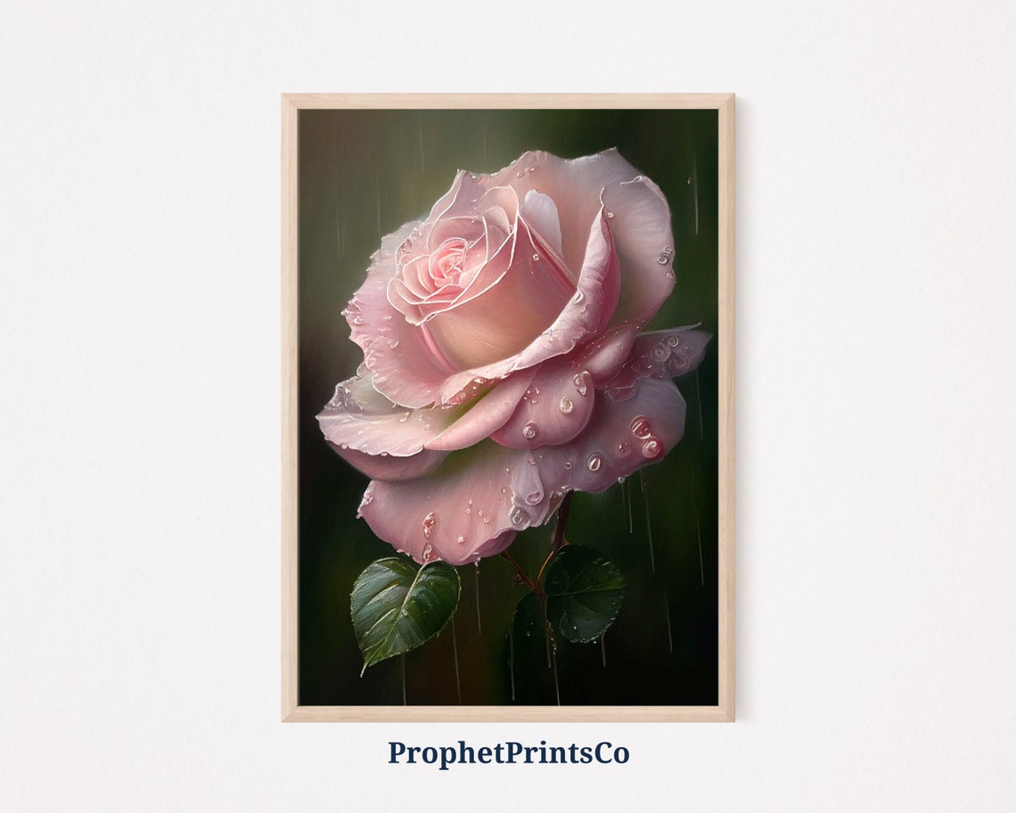 Dewy Pink Rose In Rain Dark Green Background Floral Close Up Poster