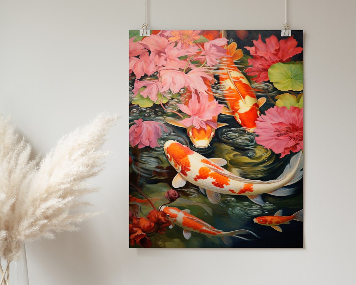 Koi Fish Among Vibrant Pink Tropical Flowers Pond Painting Poster - Image 2