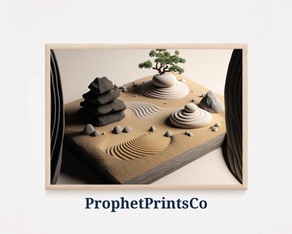 Japanese Zen Garden Stacked Stones Bonsai Tree Raked Sand Poster