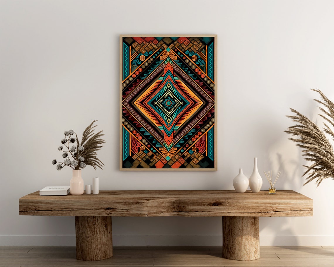 Colorful Tribal Diamond Geometric Pattern Symmetric Boho Art Poster - Image 3
