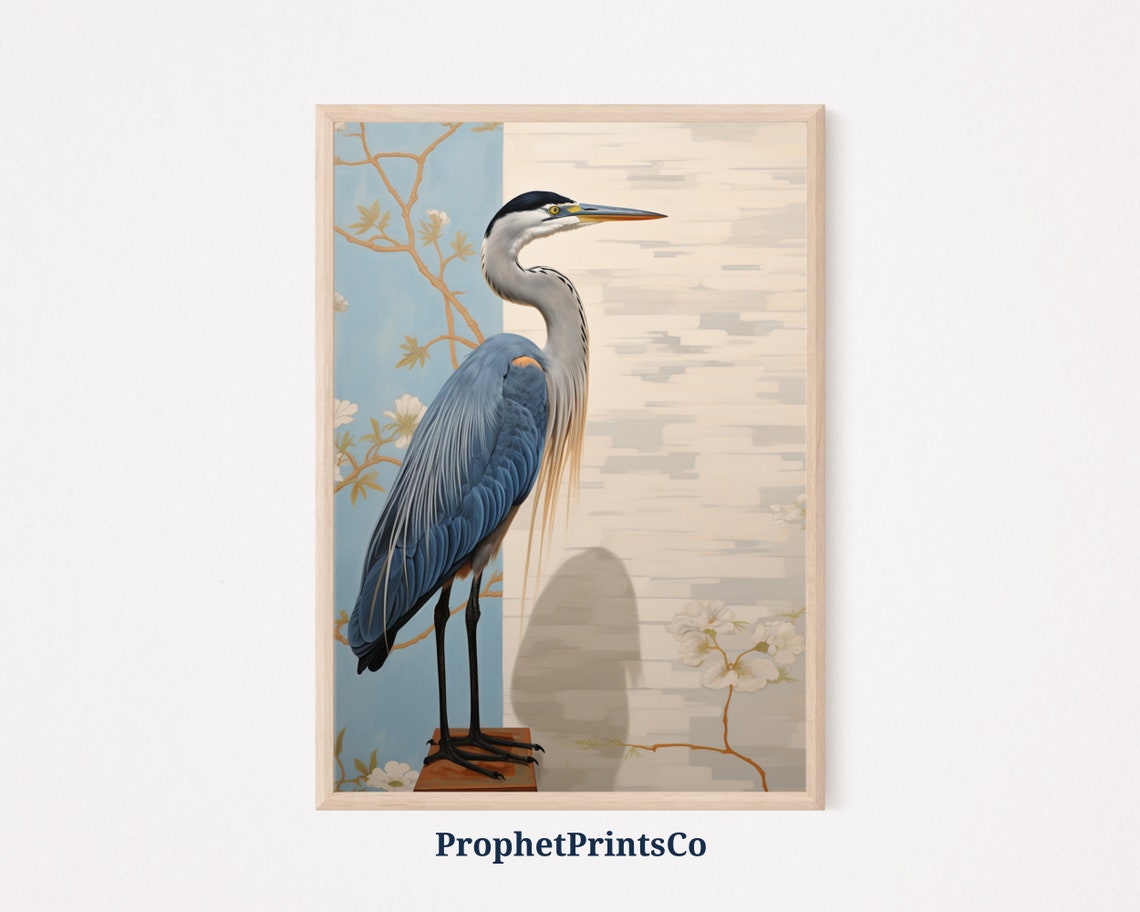Great Blue Heron By Blossoming Branches Vintage Waterbird Poster