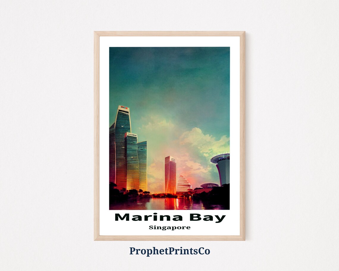Marina Bay Singapore Sunset Towers Reflecting Water Travel Poster