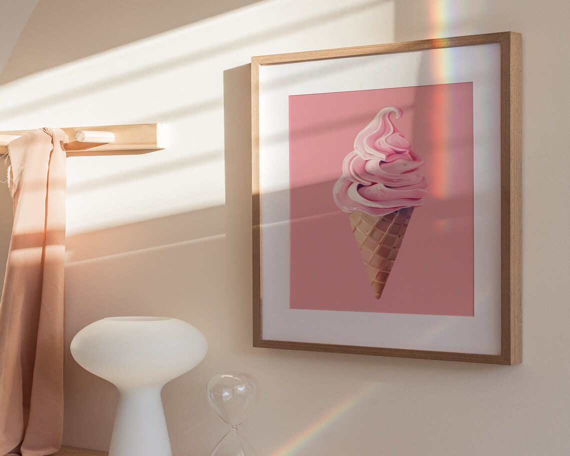 Pink Strawberry Soft Serve Ice Cream Cone Pastel Dessert Art Poster - Image 3