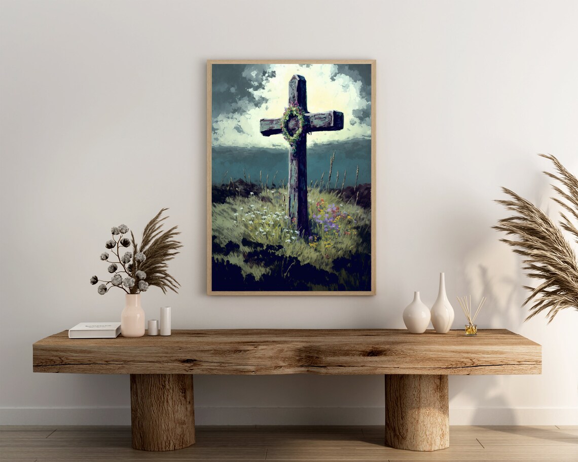 Weathered Wooden Cross in Blooming Field Dramatic Sky Art Poster - Image 3