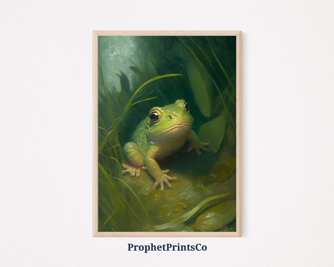 Little Green Frog Peeking Through Pond Reeds Charming Wildlife Poster