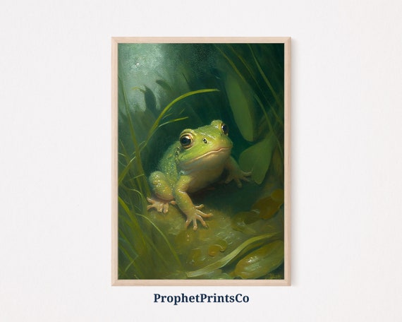Cute Frog Poster Print Unique Green Wall Art Aesthetic Artwork Gift Retro Frog Home Dcor Wall Art