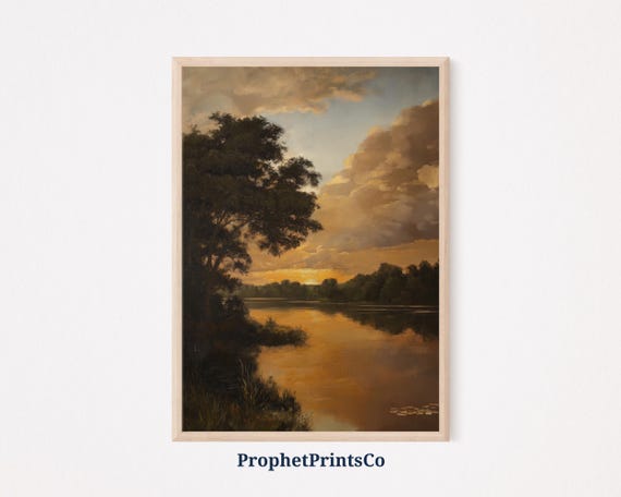 Golden Sunset River Landscape Poster Print Vintage Inspired Wall Art Nature Lover Gift Warm Tones Home Dcor Wall Art