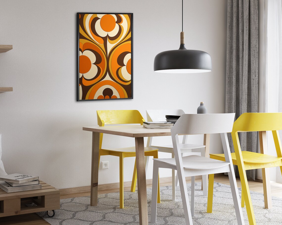 Retro 70s Flower Power Pattern Orange Brown Cream Floral Poster - Image 2