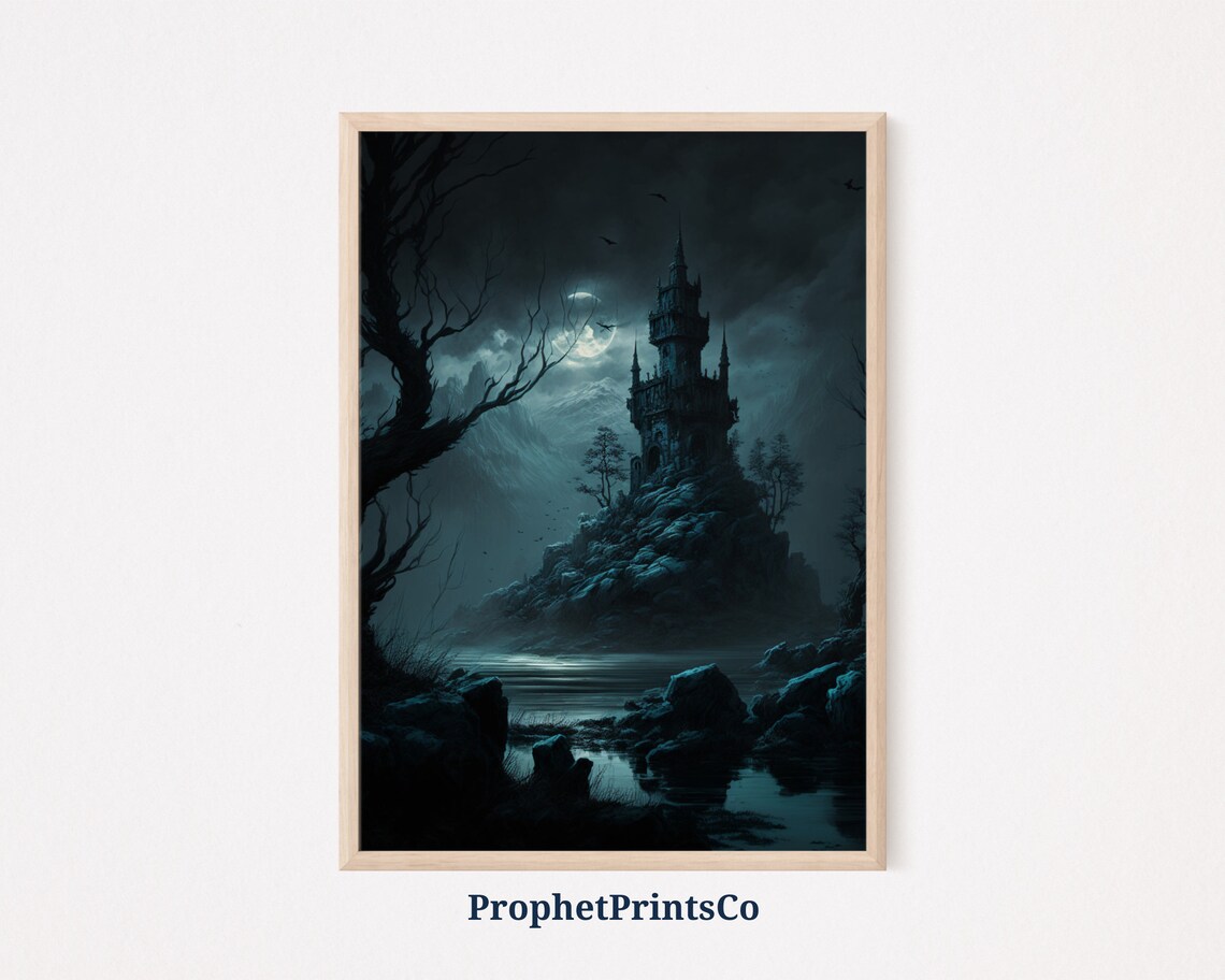 Gothic Castle on Rocky Island Moonlit Night Lake Dark Art Poster