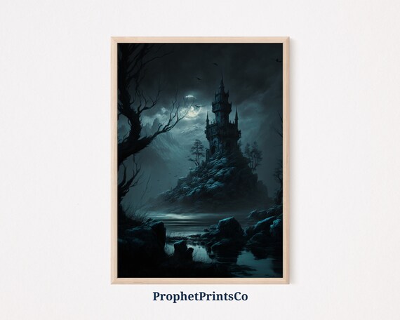 Gothic Castle on Rocky Island Moonlit Night Lake Dark Art Poster