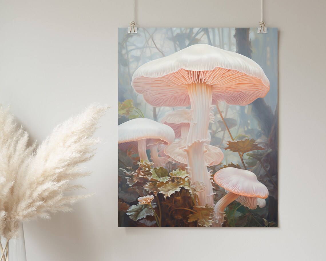 Giant Blush Mushrooms in Foggy Woodland Fairytale Forest Painting Poster - Image 2