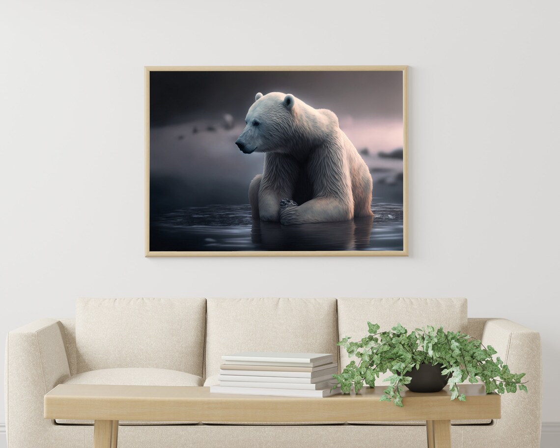 Moody Polar Bear Resting in Dark Arctic Water Wildlife Art Poster - Image 3